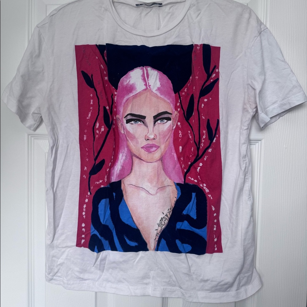 Zara Graphic White Tee with Face Print T-Shirt